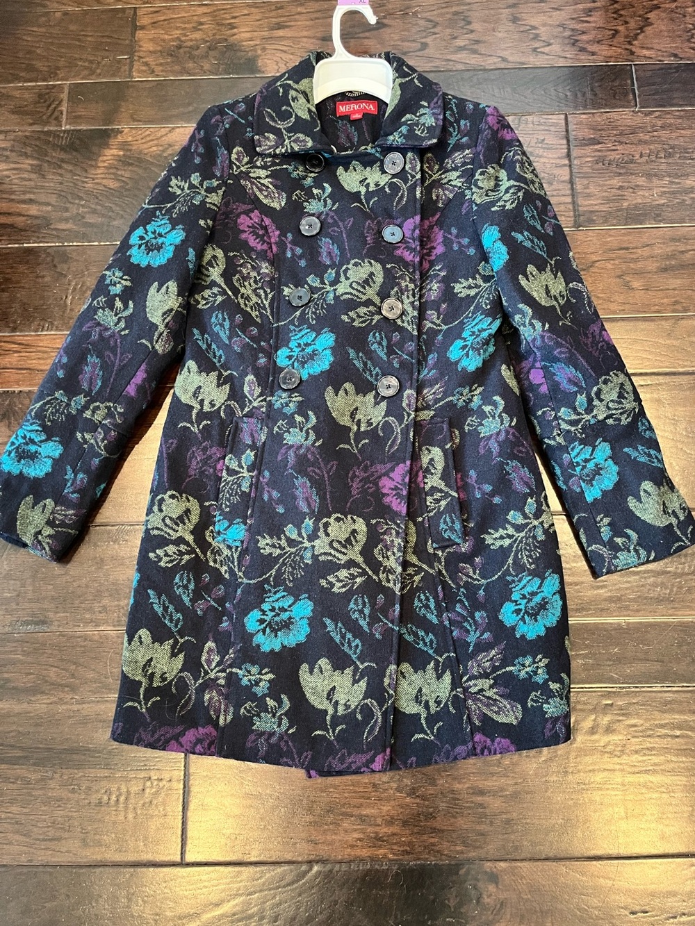Merona Floral Long Sleeve Coat - Purple, Green & Teal Accents; Size Small